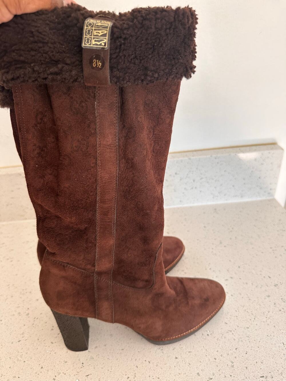 Flawed Gucci Monogram Shearling Cuff Boots Brown Suede Mismatched Sizes 8 & 8.5